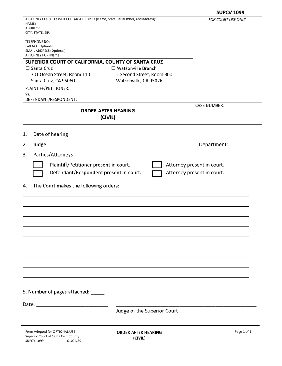 Form SUPCV1099 Order After Hearing (Civil) - County of Santa Cruz, California, Page 1