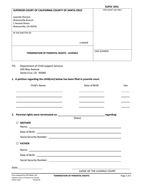 Form SUPJV1031  Printable Pdf