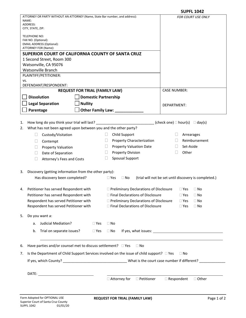 Form SUPFL1042 Request for Trial - Family Law - County of Santa Cruz, California, Page 1