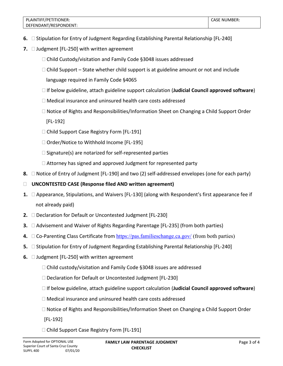 Form SUPFL400 Family Law Parentage Judgment Checklist Petition to Establish Parental Relationship - County of Santa Cruz, California, Page 3