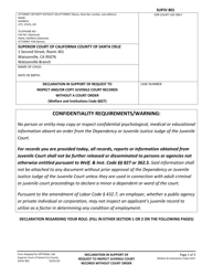Document preview: Form SUPJV801 Declaration in Support of Request to Inspect and/or Copy Juvenile Court Records Without a Court Order - County of Santa Cruz, California