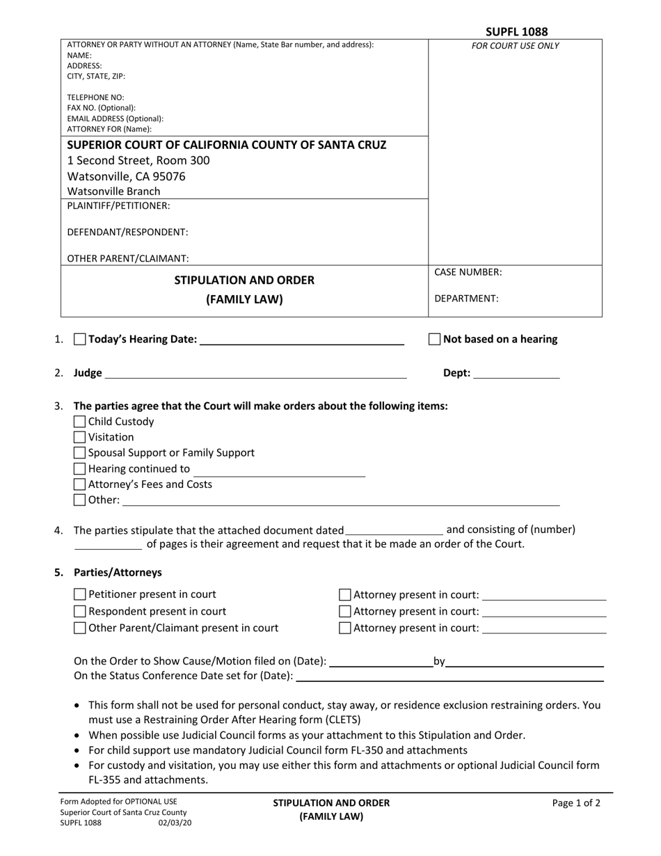 Form SUPFL1088 Stipulation and Order (Family Law) - County of Santa Cruz, California, Page 1