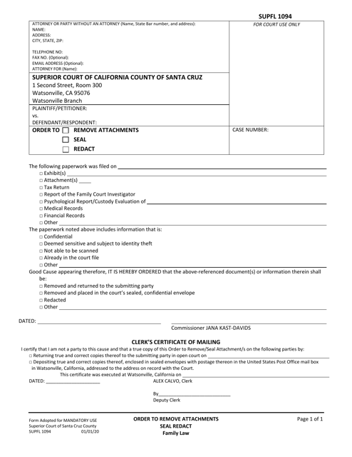 Form SUPFL1094 Order to Remove Attachments, Seal, Redact - County of Santa Cruz, California