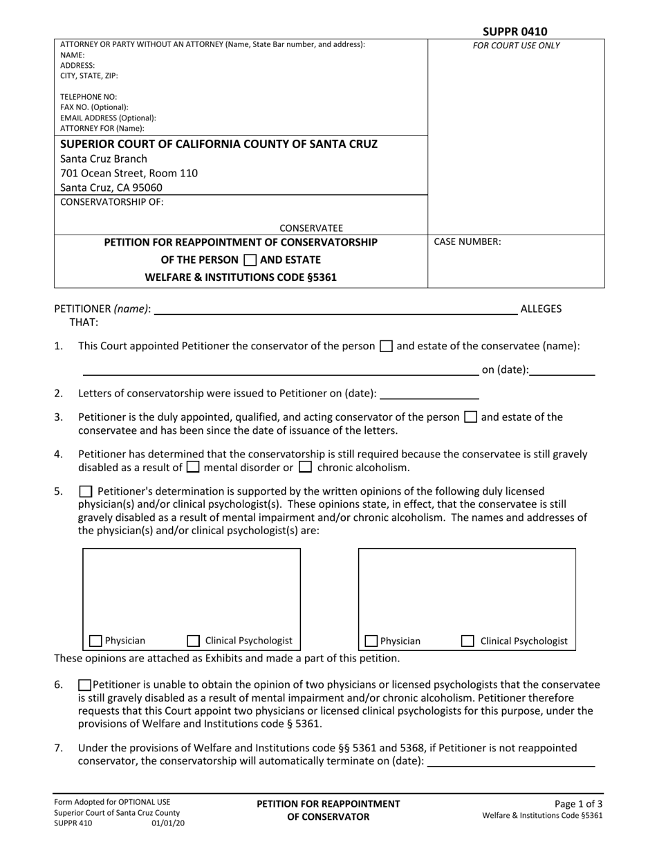 Form SUPPR410 Petition for Reappointment of Conservator - County of Santa Cruz, California, Page 1