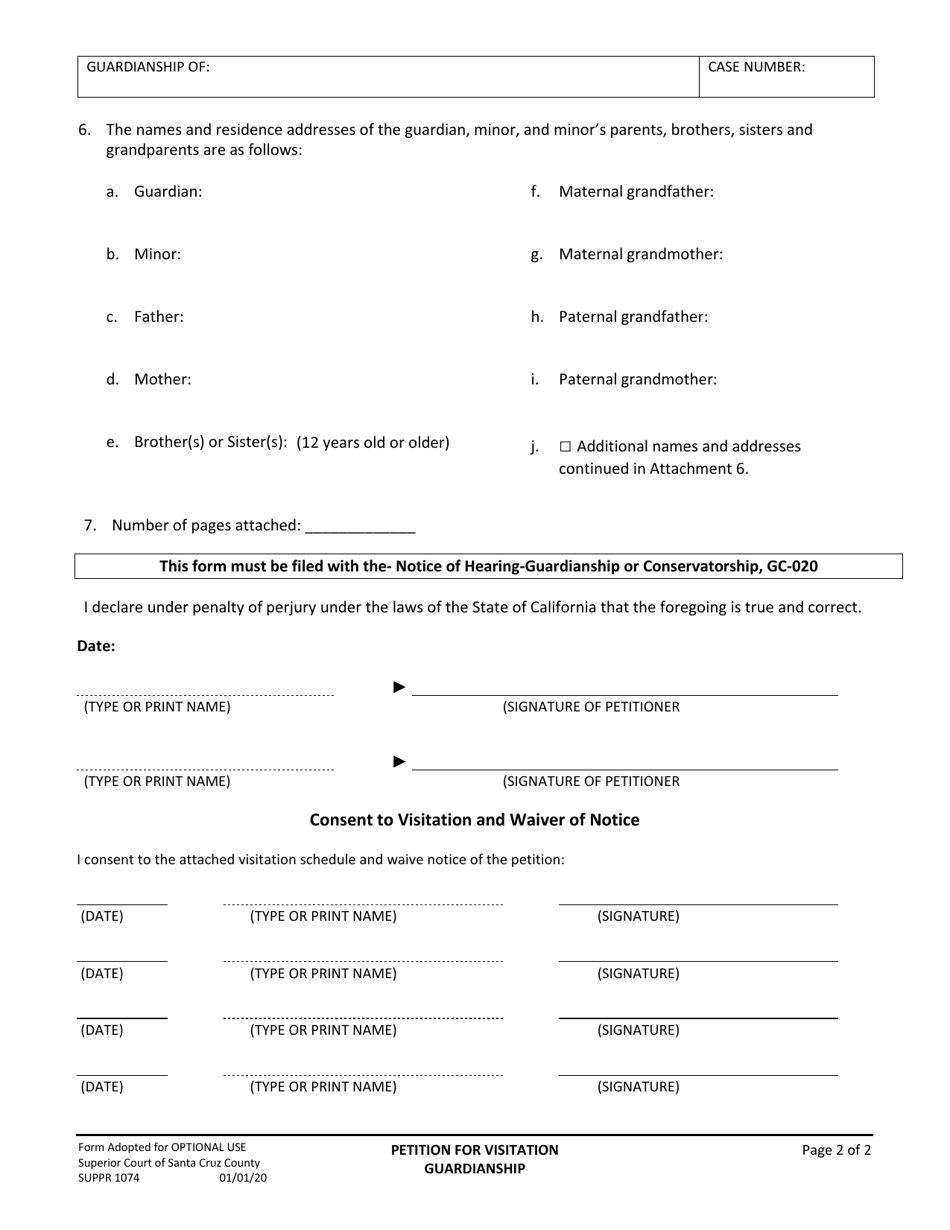 Form SUPPR1074 Petition for Visiting, Other Contact, Modification of Visitation Order, Guardianship - County of Santa Cruz, California, Page 2