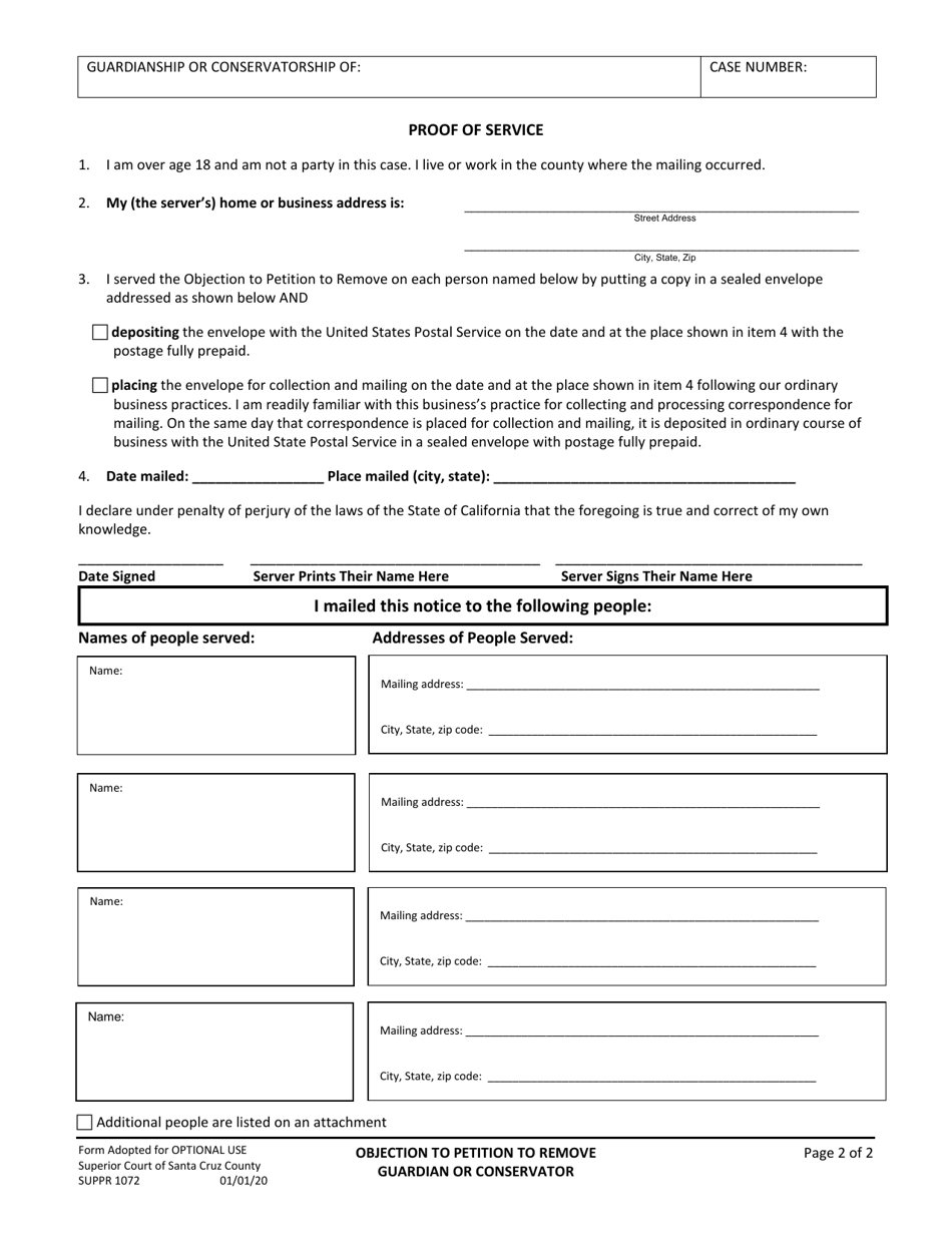 Form SUPPR1072 Objection to Petition to Remove Guardian or Conservator - County of Santa Cruz, California, Page 2