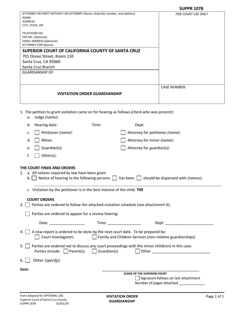 Form SUPPR1078 Visitation Order Guardianship - County of Santa Cruz, California