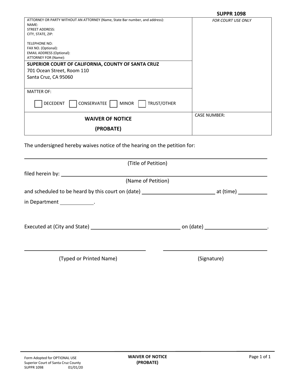 Form SUPPR1098 Waiver of Notice (Probate) - County of Santa Cruz, California, Page 1
