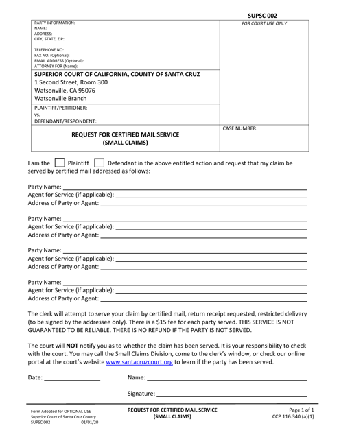 Form SUPSC002 Request for Certified Mail Service (Small Claims) - County of Santa Cruz, California