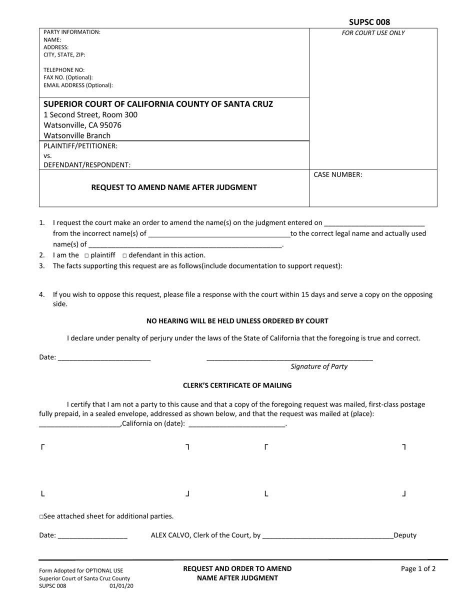 Form SUPSC008 Request to Amend Name After Judgment - County of Santa Cruz, California, Page 1