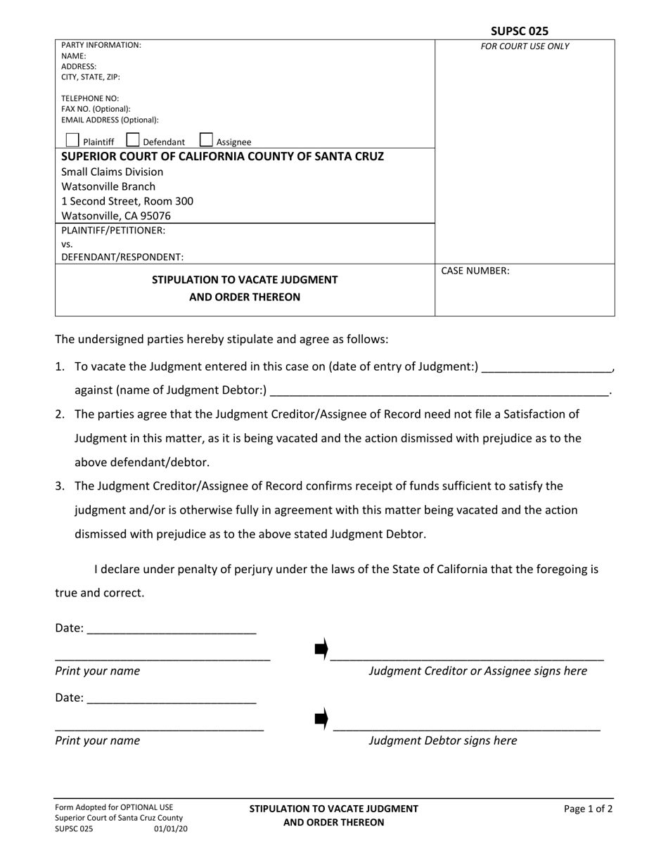 Form SUPSC025 Stipulation to Vacate Judgment and Order Thereon - County of Santa Cruz, California, Page 1