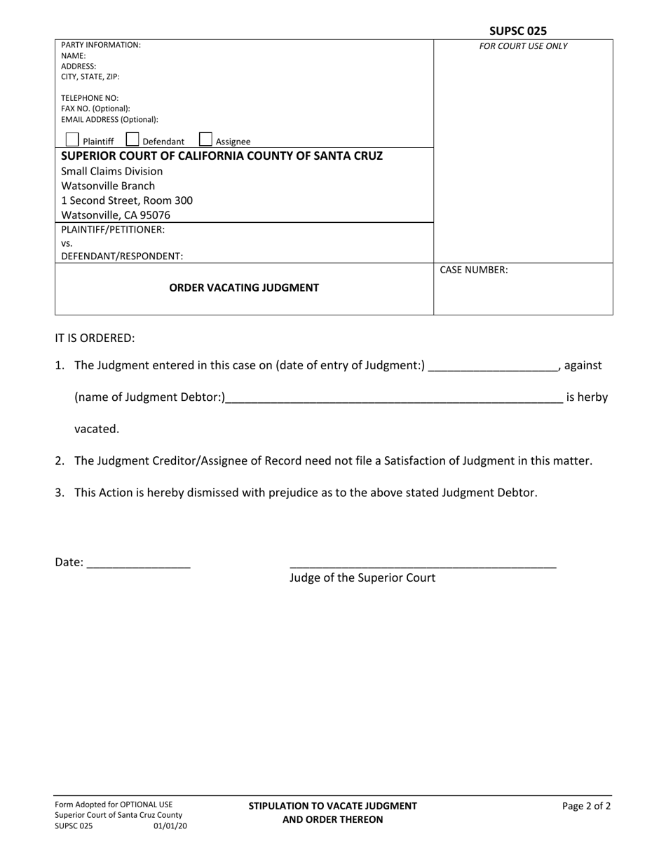Form SUPSC025 Stipulation to Vacate Judgment and Order Thereon - County of Santa Cruz, California, Page 2