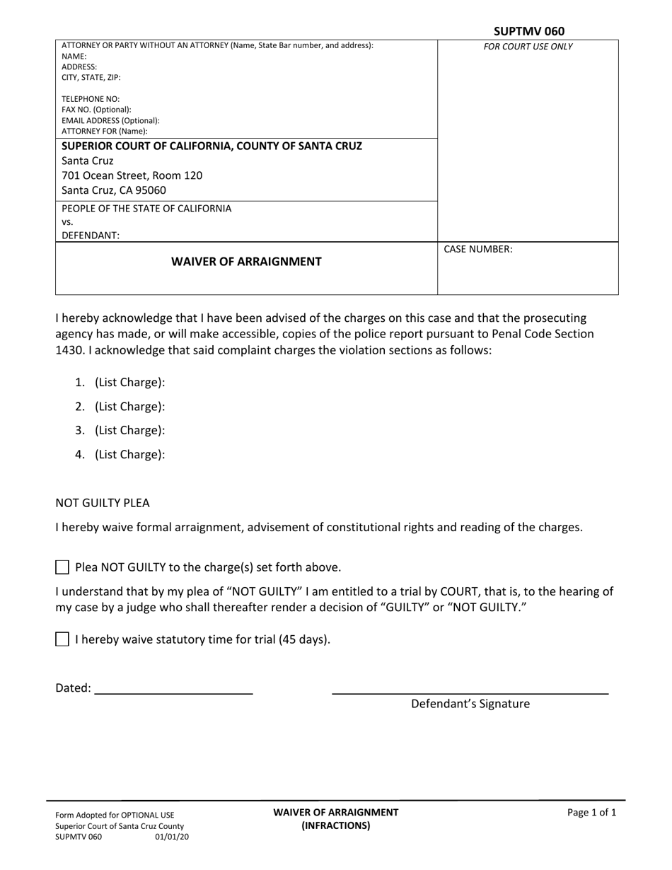 Form SUPTMV060 Waiver of Arraignment - County of Santa Cruz, California, Page 1