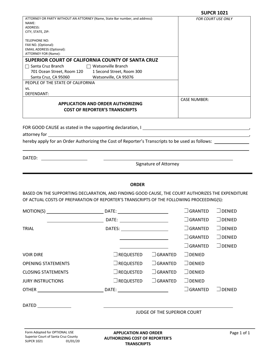 Form SUPCR1021 Application and Order Authorizing Cost of Reporters Transcripts - County of Santa Cruz, California, Page 1