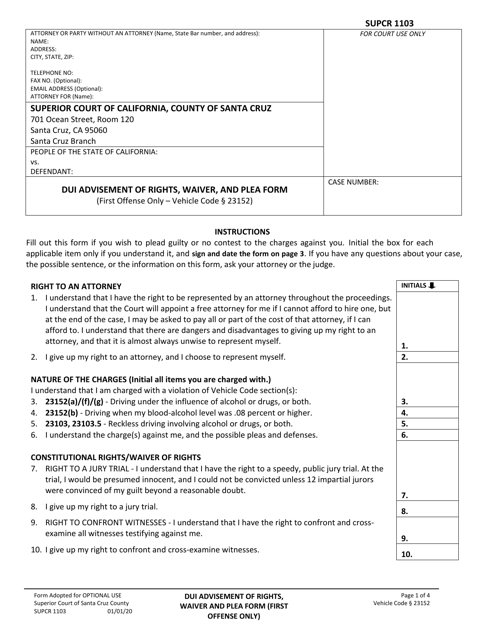Form SUPCR1103 Dui Advisement of Rights, Waiver, and Plea Form - County of Santa Cruz, California