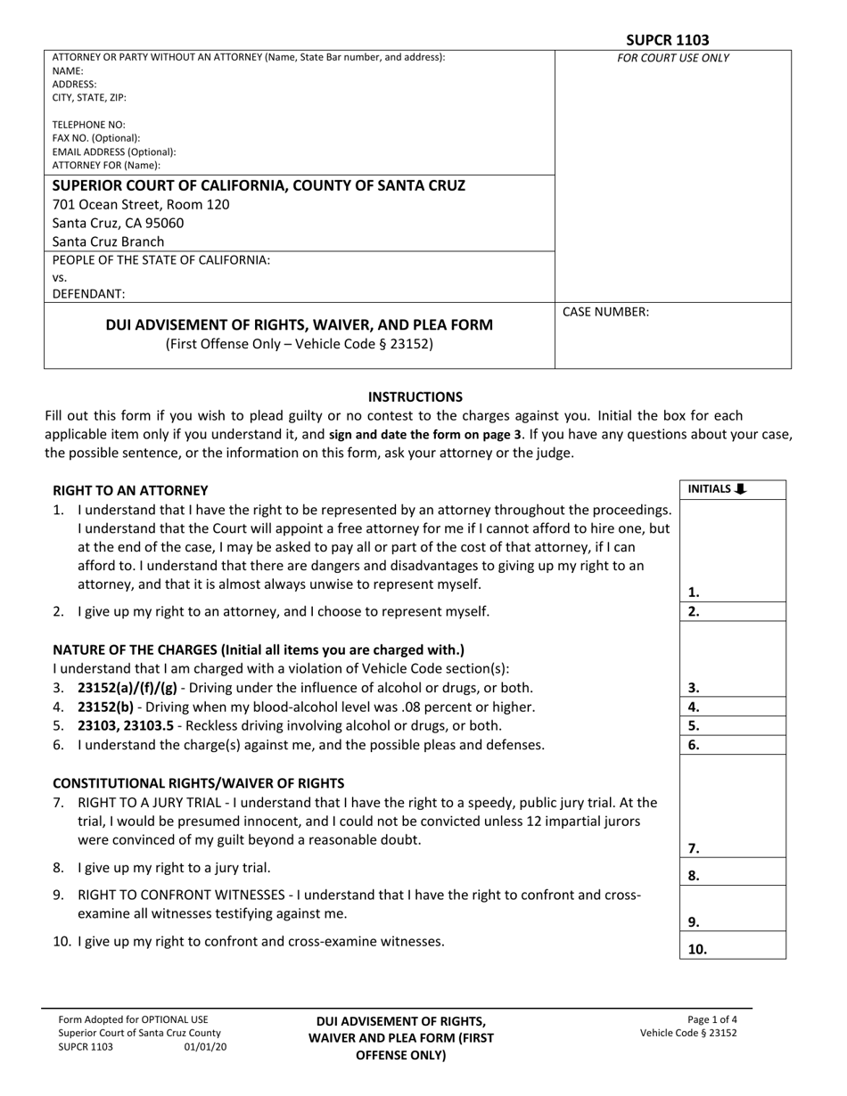 Form SUPCR1103 Dui Advisement of Rights, Waiver, and Plea Form - County of Santa Cruz, California, Page 1