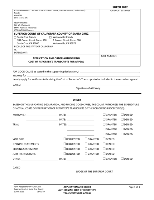 Form SUPCR1022 Application and Order Authorizing Cost of Reporter's Transcripts for Appeal - County of Santa Cruz, California