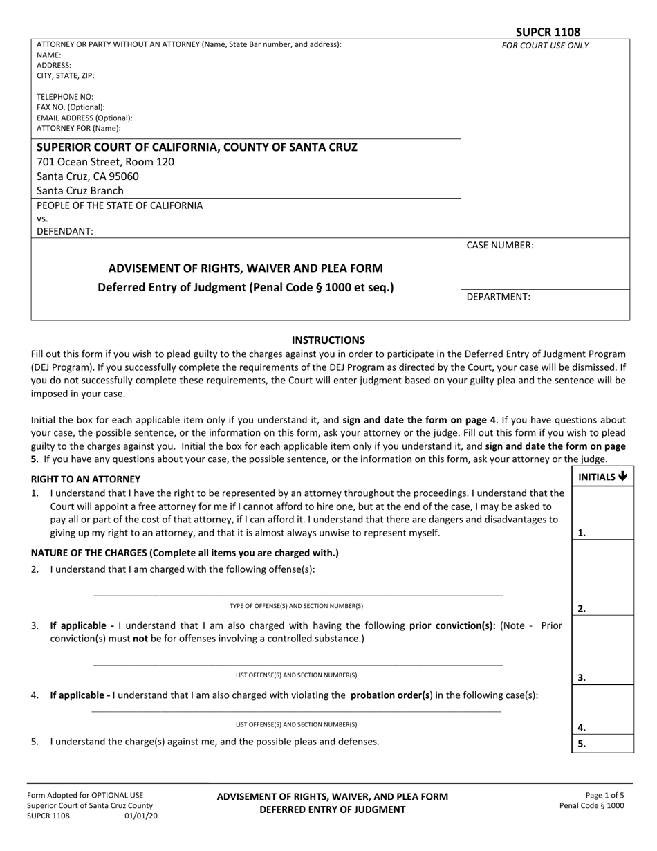 Form SUPCR1108 Advisement of Rights, Waiver and Plea Form - Deferred Entry of Judgment (Penal Code 1000 Et Seq.) - County of Santa Cruz, California, Page 1