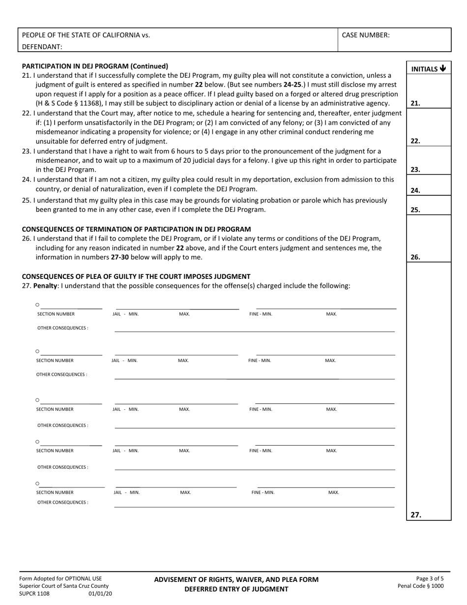 Form SUPCR1108 Advisement of Rights, Waiver and Plea Form - Deferred Entry of Judgment (Penal Code 1000 Et Seq.) - County of Santa Cruz, California, Page 3