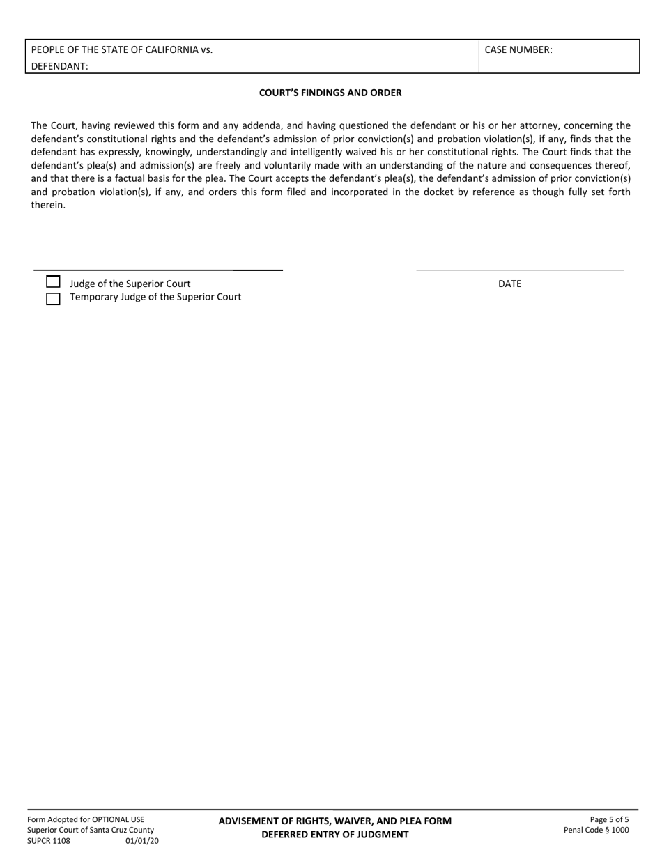 Form SUPCR1108 Advisement of Rights, Waiver and Plea Form - Deferred Entry of Judgment (Penal Code 1000 Et Seq.) - County of Santa Cruz, California, Page 5