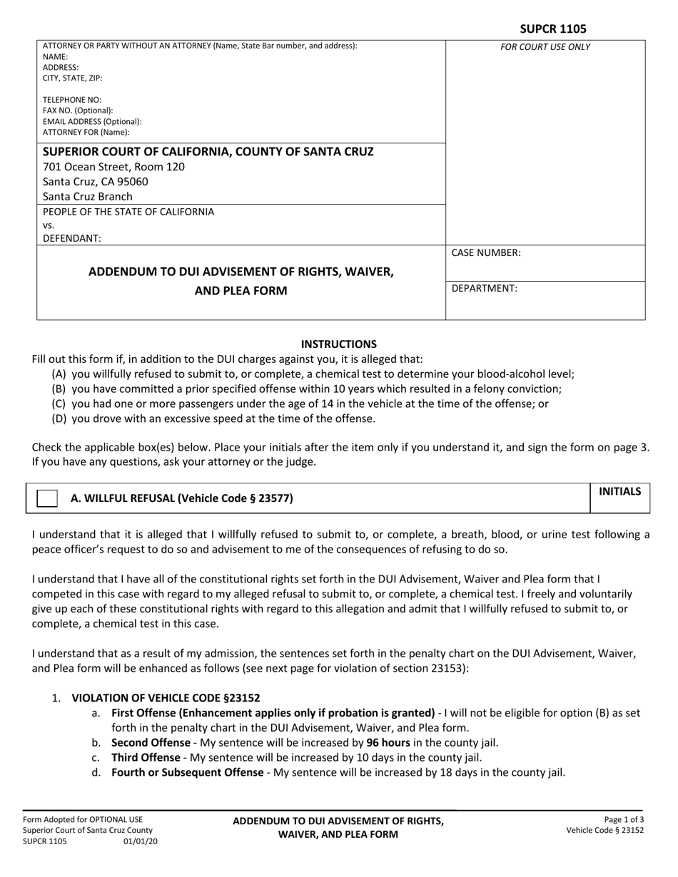 Form SUPCR1105 Addendum to Dui Advisement of Rights, Waiver, and Plea Form - County of Santa Cruz, California, Page 1