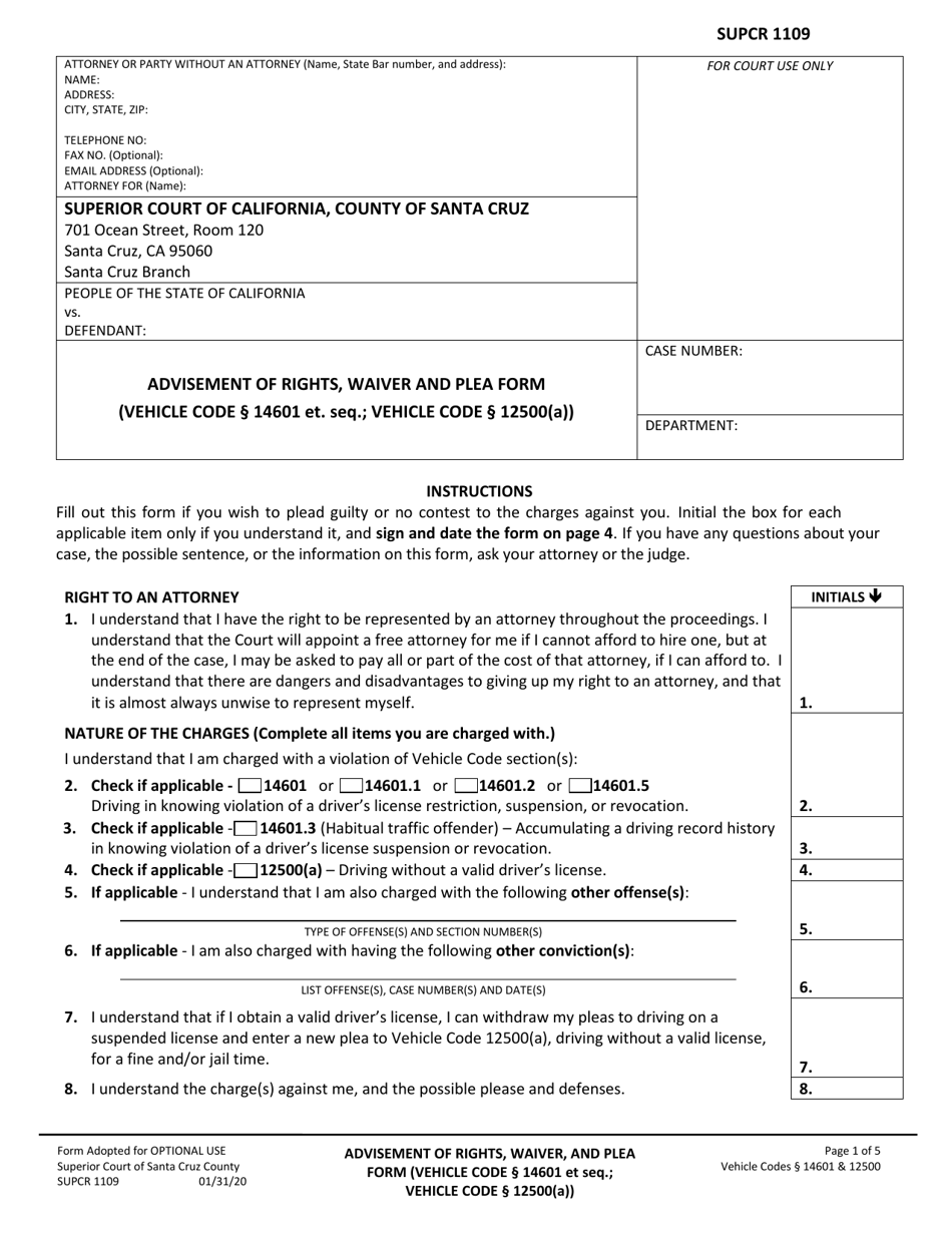 Form SUPCR1109 Advisement of Rights, Waiver and Plea Form - County of Santa Cruz, California, Page 1
