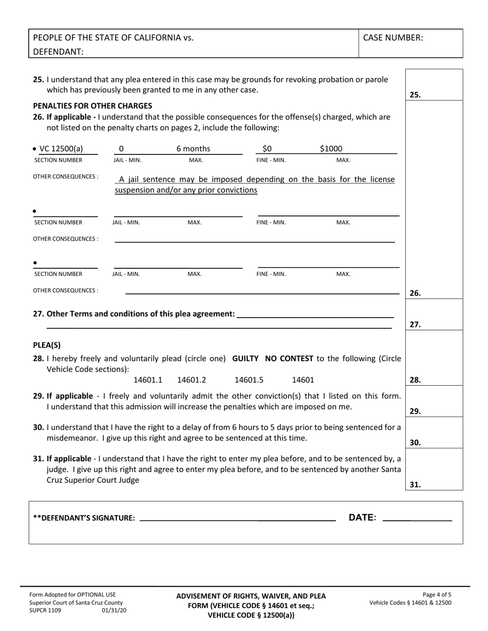 Form SUPCR1109 Advisement of Rights, Waiver and Plea Form - County of Santa Cruz, California, Page 4