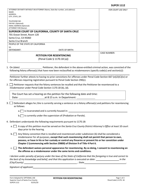 Form SUPCR1112 Petition for Resentencing - County of Santa Cruz, California
