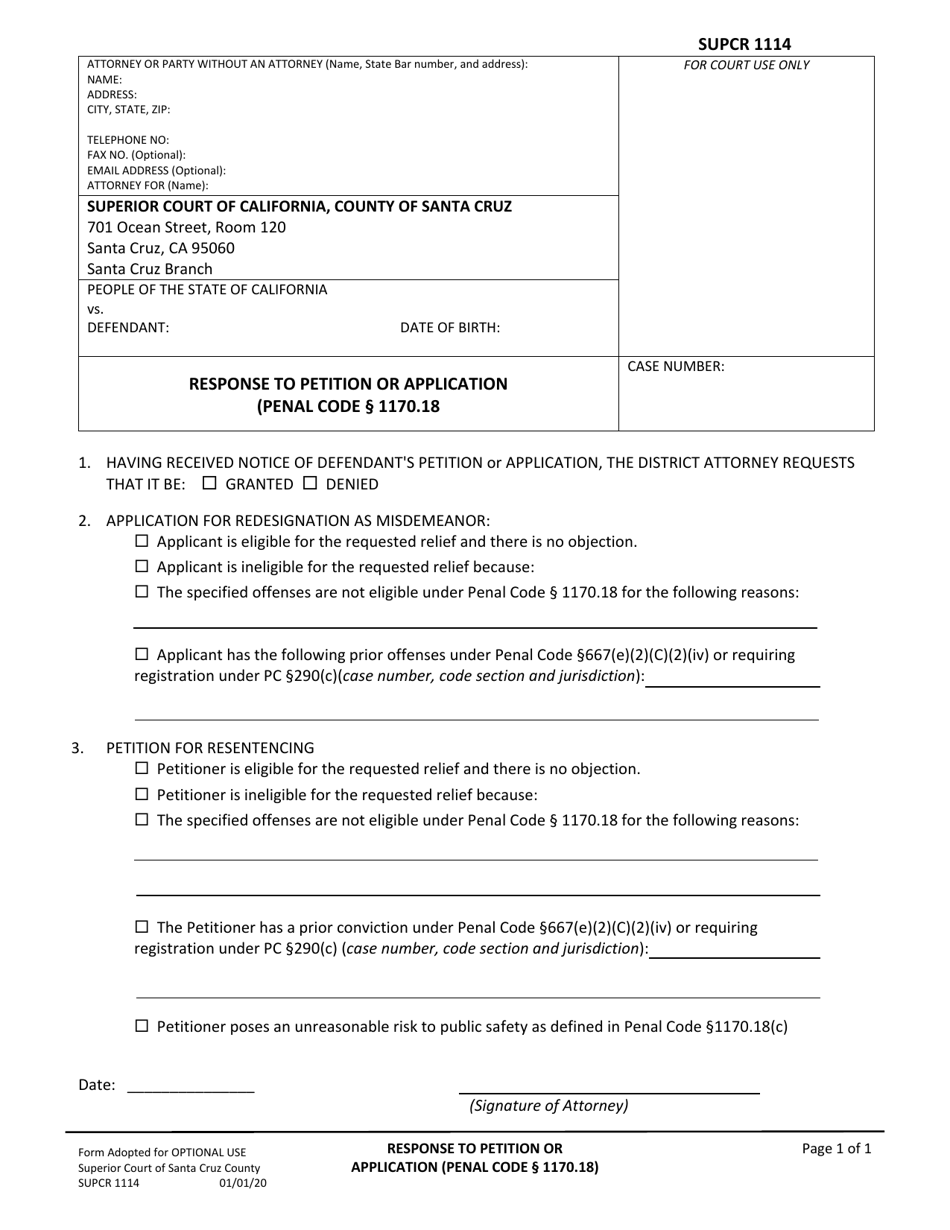 Form SUPCR1114 Response to Petition or Application - County of Santa Cruz, California, Page 1