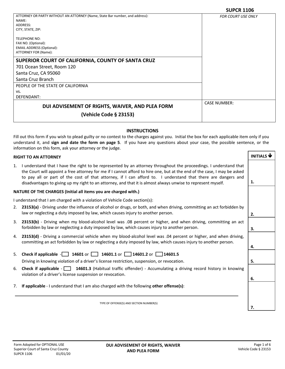 Form SUPCR1106 Dui Advisement of Rights, Waiver, and Plea Form - County of Santa Cruz, California, Page 1