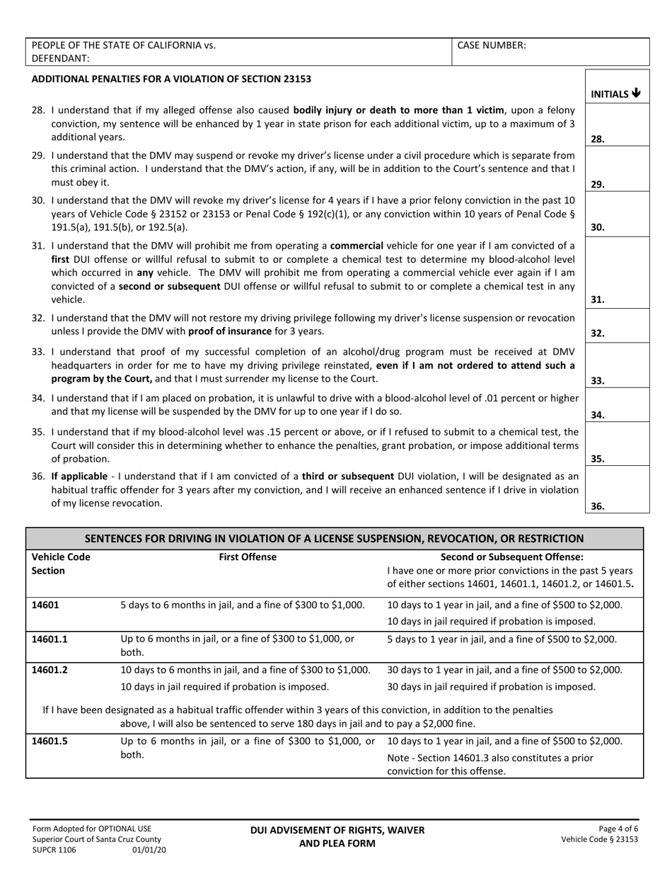 Form SUPCR1106 Dui Advisement of Rights, Waiver, and Plea Form - County of Santa Cruz, California, Page 4