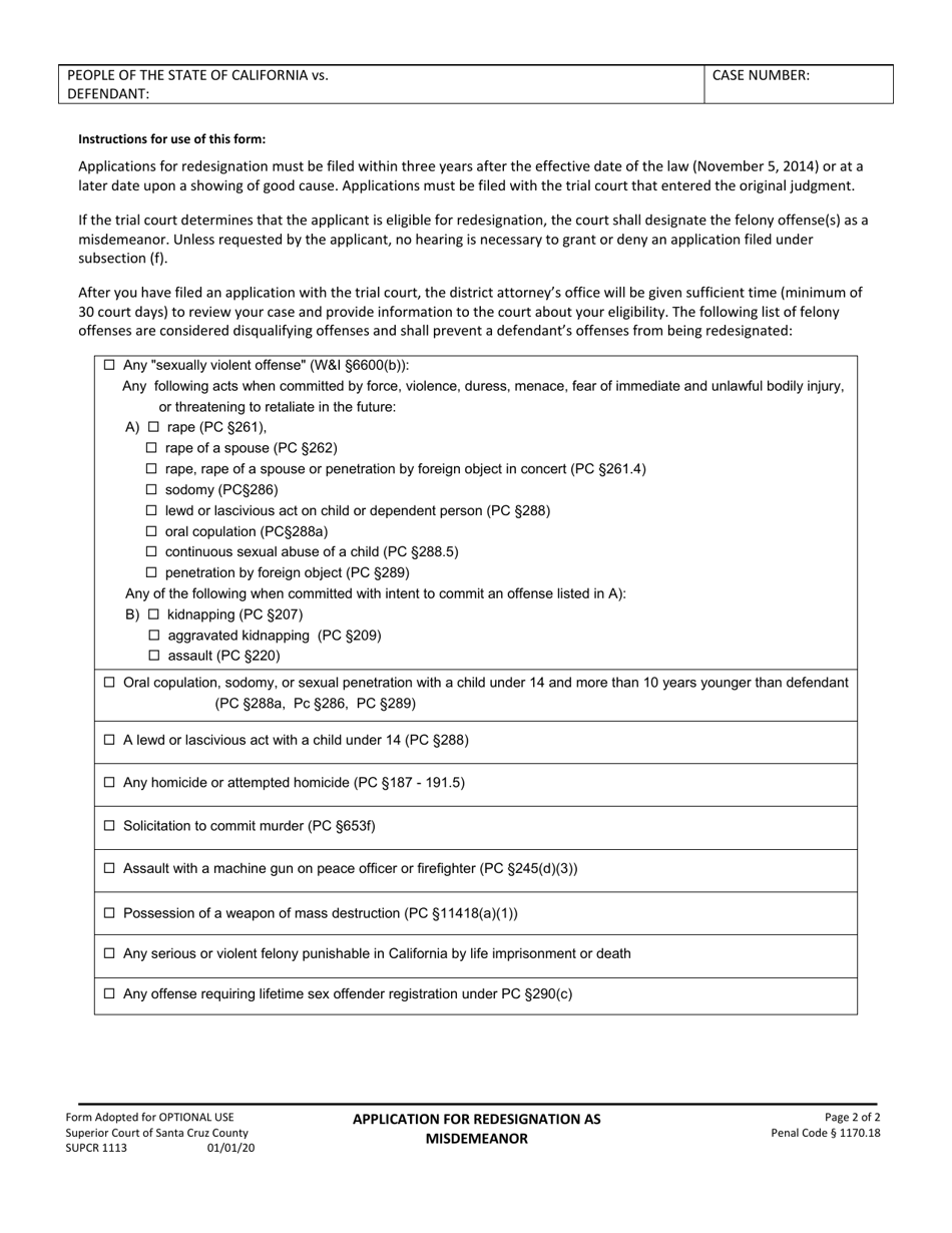 Form SUPCR1113 Application for Redesignation as Misdemeanor - County of Santa Cruz, California, Page 2