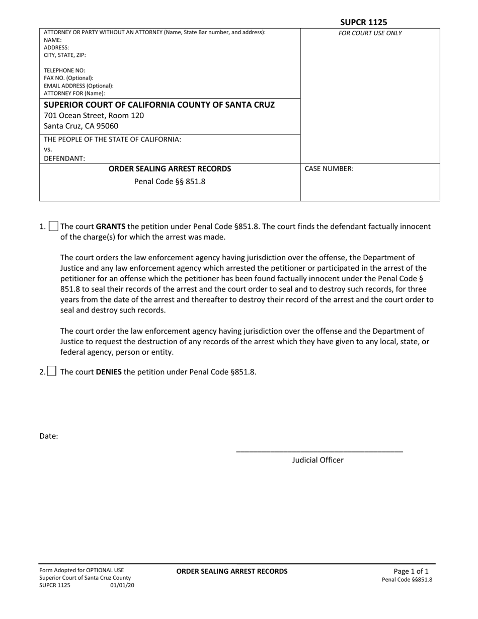 Form SUPCR1125 Order Sealing Arrest Records - County of Santa Cruz, California, Page 1