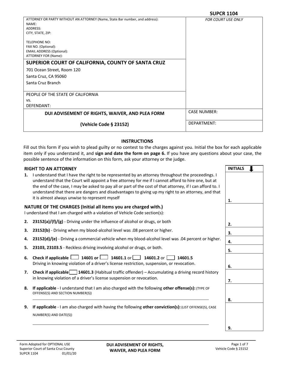 Form SUPCR1104 Dui Advisement of Rights, Waiver, and Plea Form - County of Santa Cruz, California, Page 1