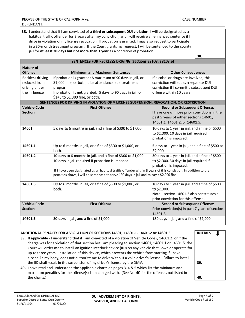 Form SUPCR1104 Dui Advisement of Rights, Waiver, and Plea Form - County of Santa Cruz, California, Page 5