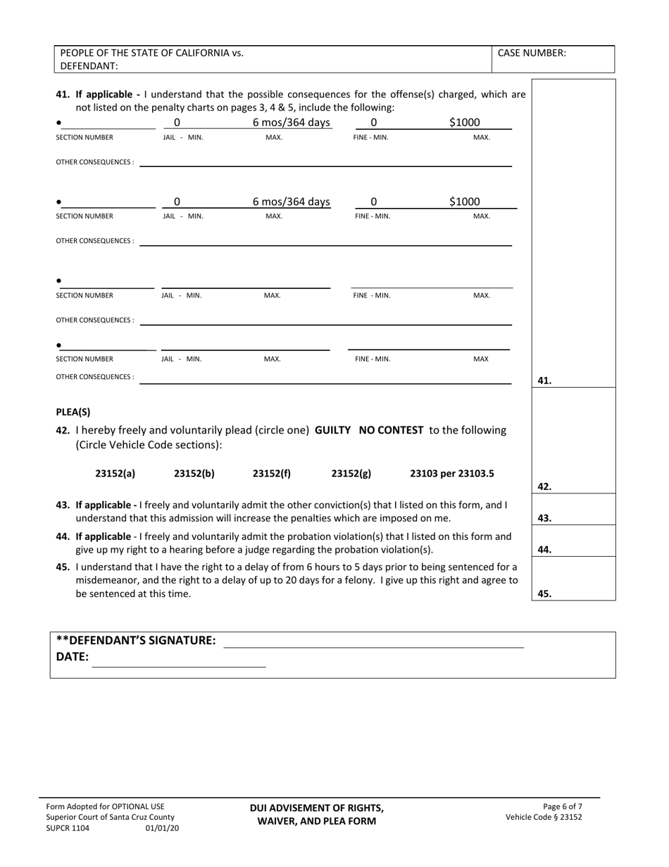 Form SUPCR1104 Dui Advisement of Rights, Waiver, and Plea Form - County of Santa Cruz, California, Page 6