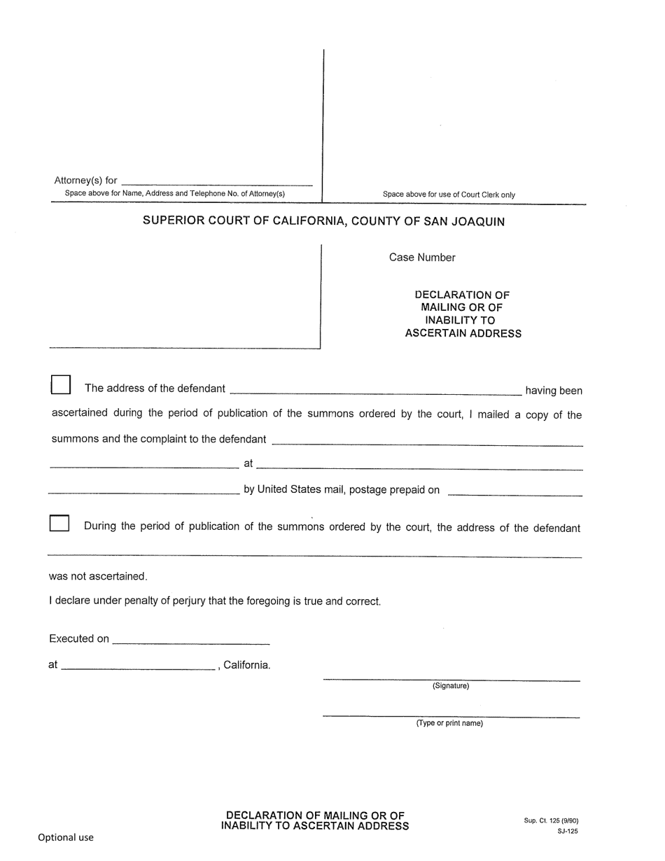 Form SJ-125 Declaration of Mailing or of Inability to Ascertain Address - California, Page 1