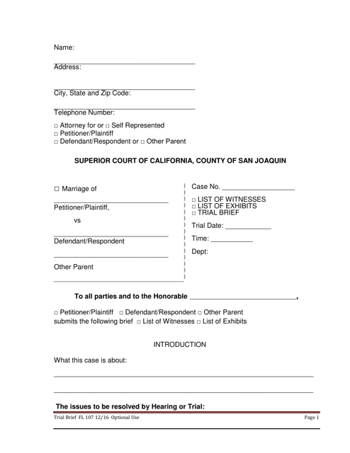 Form FL107 Trial Brief - County of San Joaquin, California