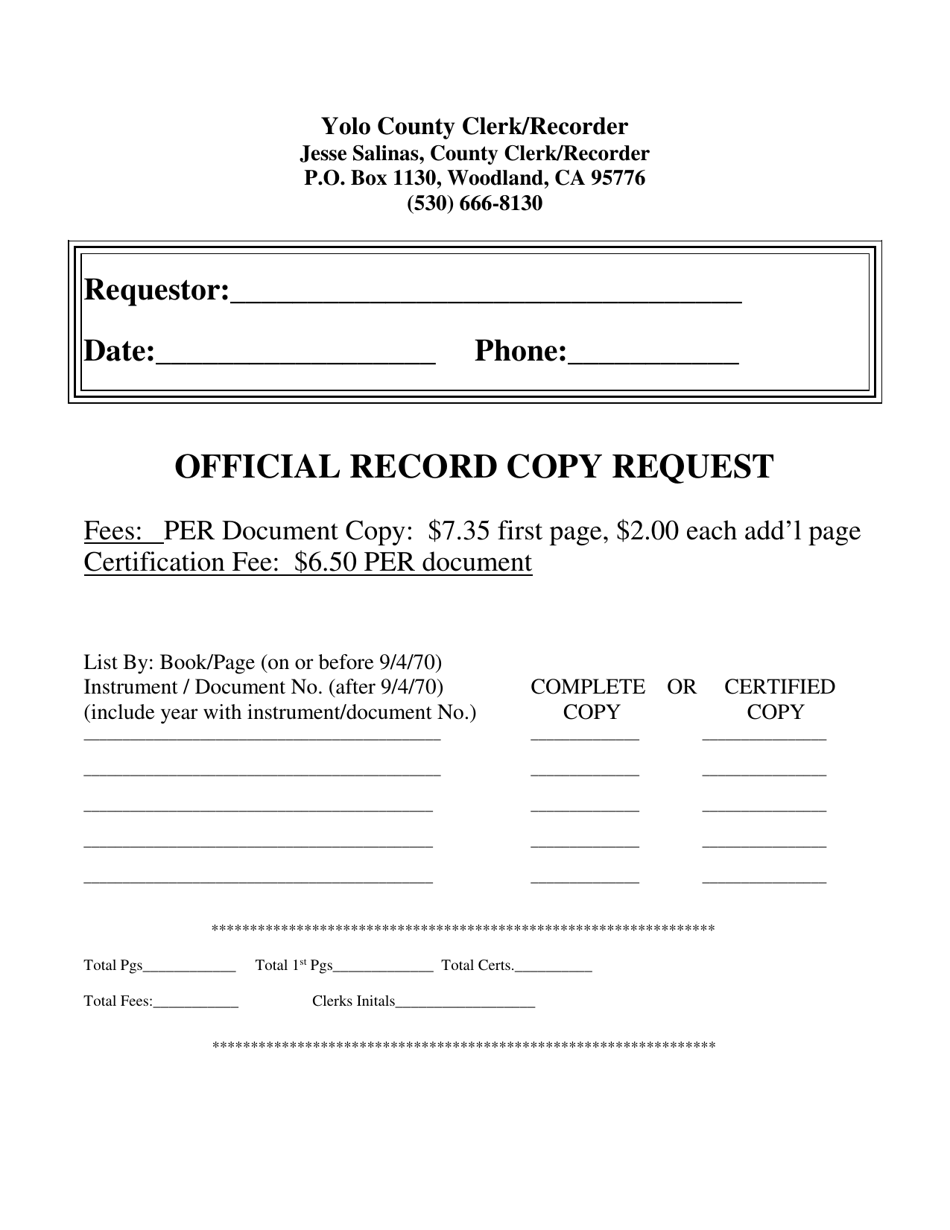 Yolo County, California Official Record Copy Request Fill Out, Sign Online and Download PDF