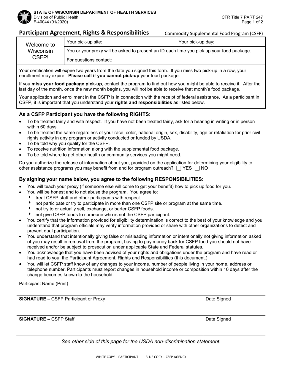 Form F-40044 Participant Agreement, Rights  Responsibilities - Wisconsin, Page 1