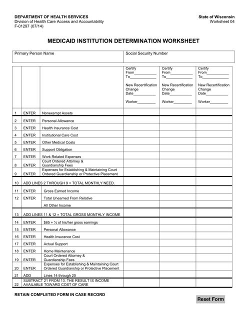 Form F-01297 Worksheet 4 Medicaid Institution Determination Worksheet - Wisconsin