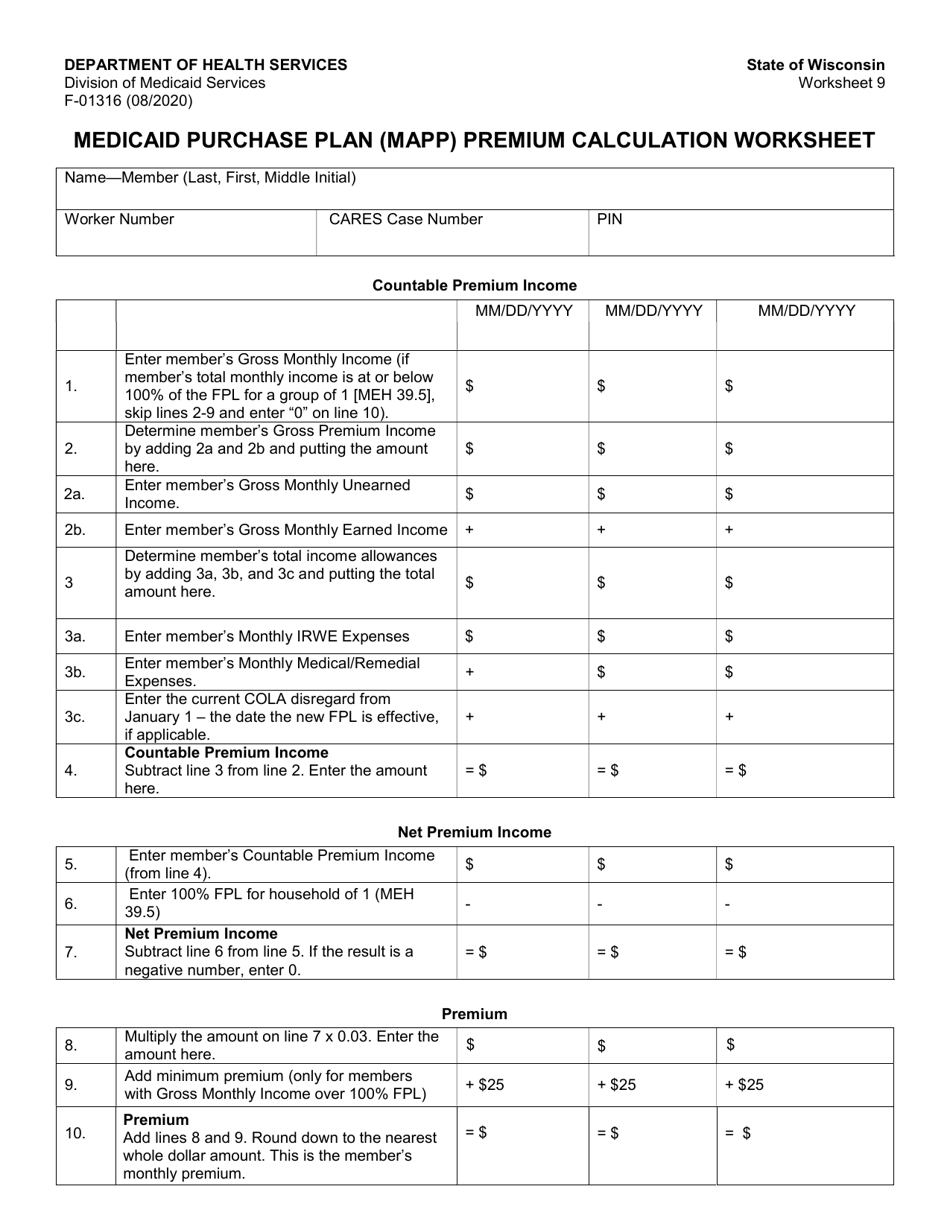 Form F-01316 Worksheet 9 Medicaid Purchase Plan (Mapp) Premium Calculation Worksheet - Wisconsin, Page 1