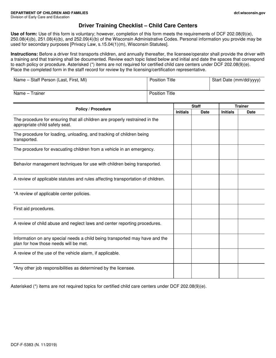 Form DCF-F-5383 Driver Training Checklist - Child Care Centers - Wisconsin, Page 1