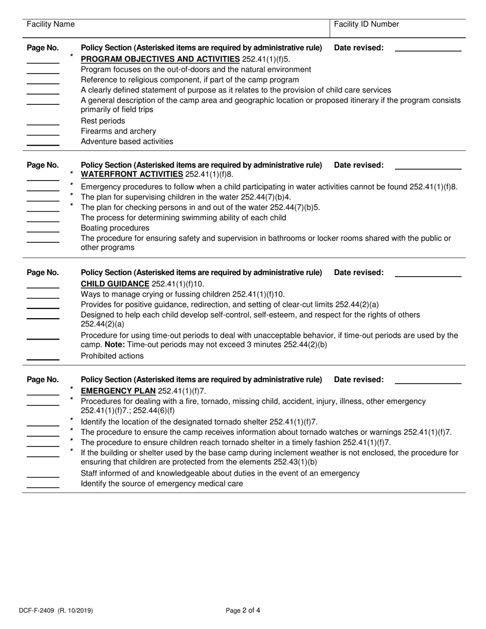 Form DCF-F-2409 Policy Checklist - Day Camps - Wisconsin, Page 2