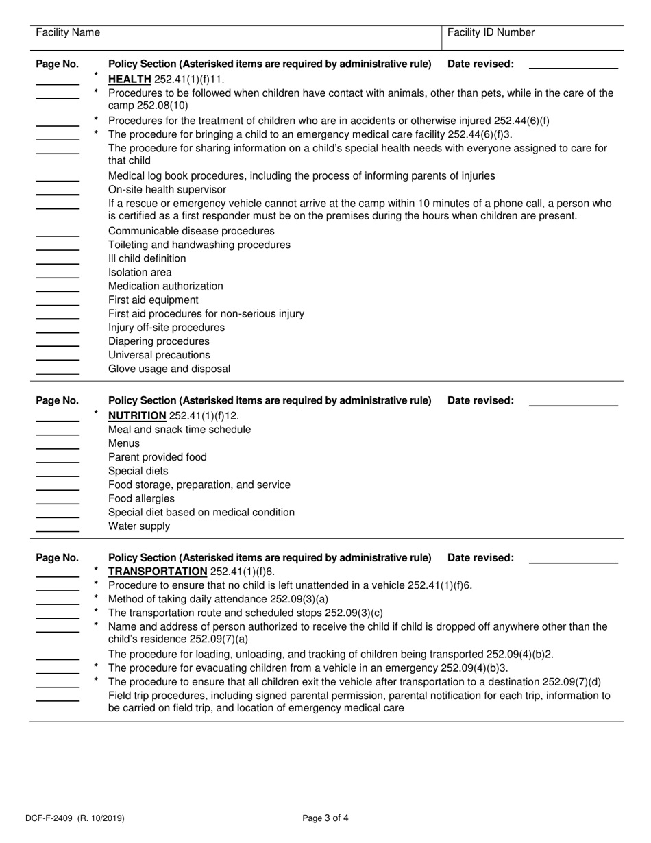Form DCF-F-2409 Policy Checklist - Day Camps - Wisconsin, Page 3