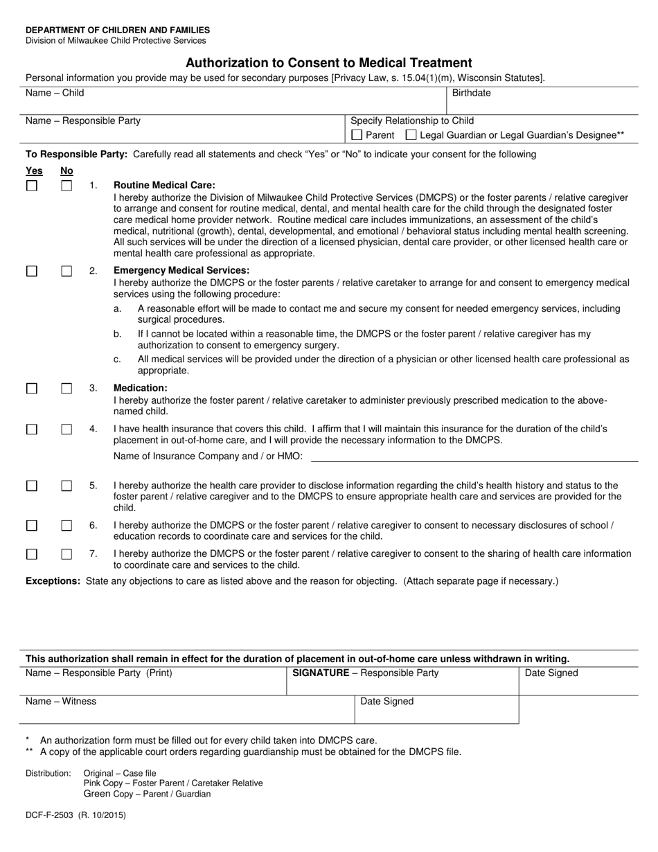 Form DCF-F-2503 Authorization to Consent to Medical Treatment - Wisconsin, Page 1
