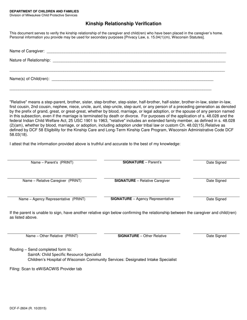 Form DCF-F-2604 Kinship Relationship Verification - Wisconsin, Page 1