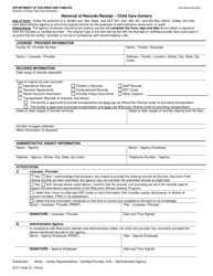 Form DCF-F-2630 &quot;Removal of Records Receipt - Child Care Centers&quot; - Wisconsin