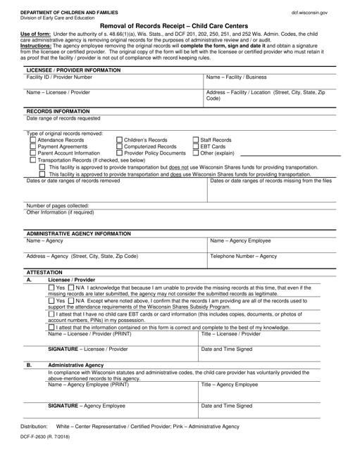 Form DCF-F-2630 Removal of Records Receipt - Child Care Centers - Wisconsin