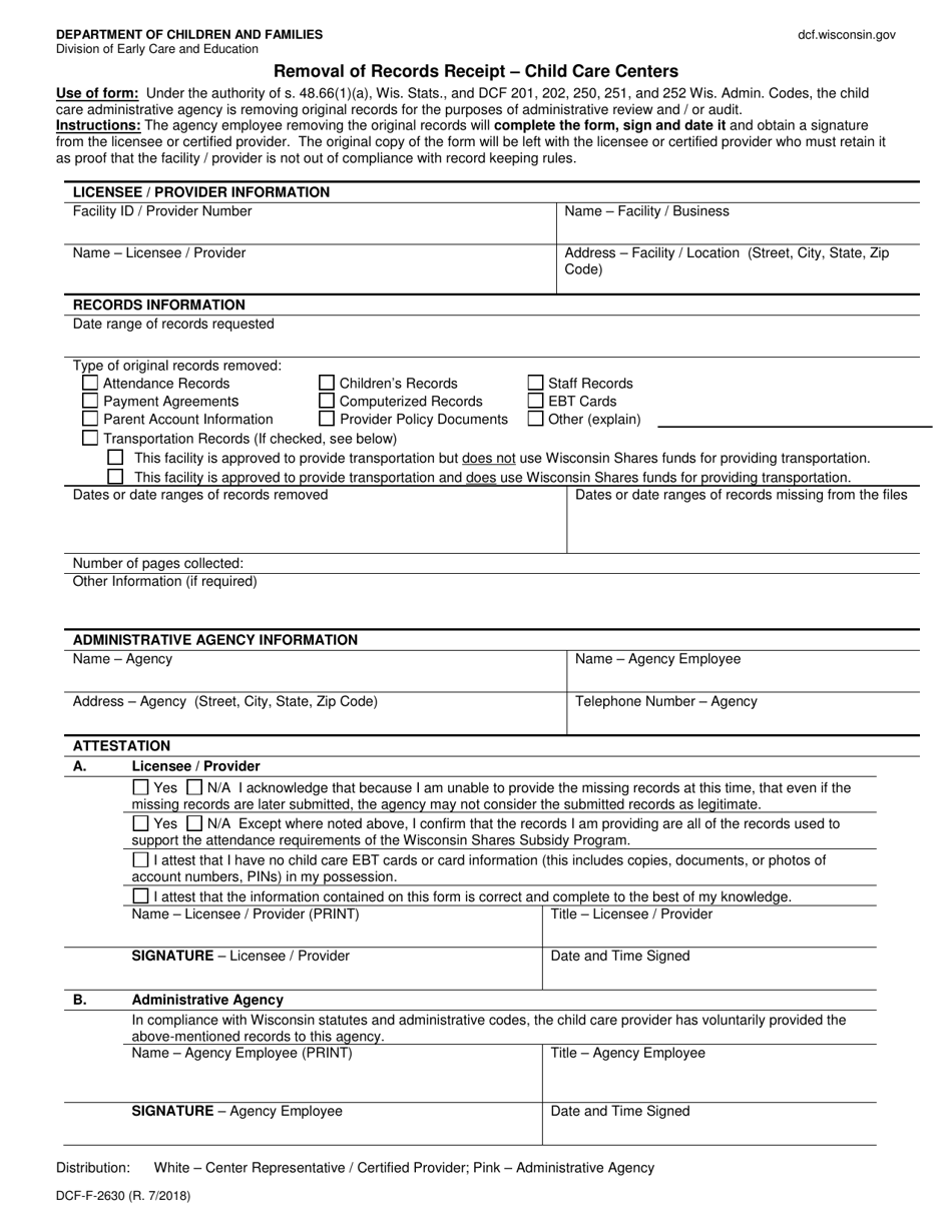 Form DCF-F-2630 Removal of Records Receipt - Child Care Centers - Wisconsin, Page 1